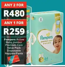 Checkers Pampers Active's Baby Jumbo/ Premium Care Value Pack Disposable Nappies/ Pants offer