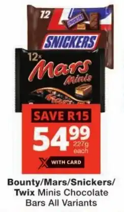 Checkers Bounty/ Mars/ Snickers/ Twix Minis Chocolate Bars All Variants offer