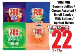 Boxer Superstores YUM FUN Gummy Jellies/ Chews Assorted/ Emoji Candy/ Milk Bottles/ Apricot Halves offer