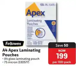 Makro Fellowes A4 Apex Laminating Pouches offer