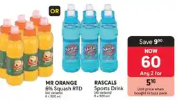 Makro MR ORANGE 6% Squash RTD or RASCALS Sports Drink offer