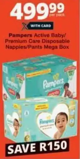 Checkers Hyper Pampers Active Baby/ Premium Care Disposable Nappies/ Pants Mega Box offer