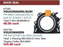 Goldwagen Vika Volkswagen/ audi main seal offer