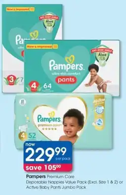 Clicks Pampers Premium Care Disposable Nappies Value Pack or Active Baby Pants Jumbo Pack offer