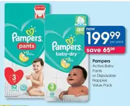 Clicks Pampers Active Baby Pants or Disposable Nappies Value Pack offer