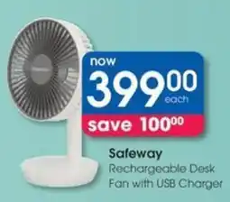Clicks Safeway Rechargeable Desk Fan with USB Charger offer