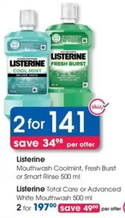 Clicks Listerine Mouthwash Coolmint, Fresh Burst or Smart Rinse offer