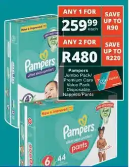 Checkers Pampers Jumbo Pack/ Premium Care Value Pack Disposable Nappies/ Pants offer