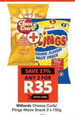Checkers Willards Cheese Curls/Flings Maize Snack 2 x 150g offer
