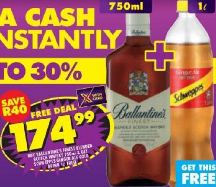 Ballantine's Finest Blended Scotch Whisky 750ml & Schweppes Ginger Ale