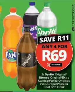 Checkers Hyper Sprite Original/ Stoney Original/ Extra Kwetsa/ Fanta Original/ Pine/ Grape/ Passion Fruit Soft Drink offer