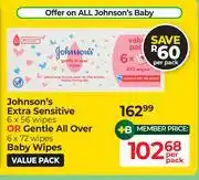Dis-Chem Johnson's Extra Sensitive 6 x 56 Wipes Or Gentle All Over 6 x 72 Wipes Baby Wipes-Per Pack offer