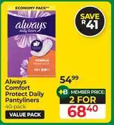 Dis-Chem Always Comfort Protect Daily Pantyliners 40 Pack-For 2 offer
