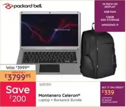 Bradlows Packard Bell Montenero Celeron Laptop + Backpack Bundle offer