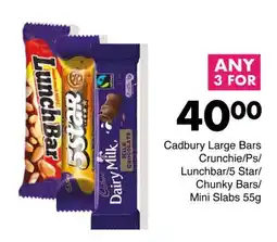 Save Cadbury Large Bars Crunchie/ Ps/ Lunchbar/ 5 Star/ Chunky Bars/ Mini Slabs offer