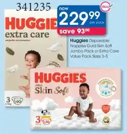 Clicks Huggies Disposable Nappies Gold Skin Soft Jumbo Pack or Extra Care Value Pack offer