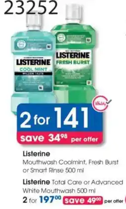 Clicks Listerine Mouthwash Coolmint, Fresh Burst or Smart Rinse offer