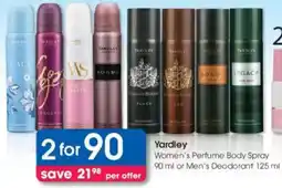 Clicks Yardley Women's Perfume Body Spray or Men's Deodorant offer