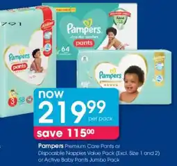Clicks Pampers Premium Care Pants or Dispoasble Nappies Value Pack or Active Baby Pants Jumbo Pack offer