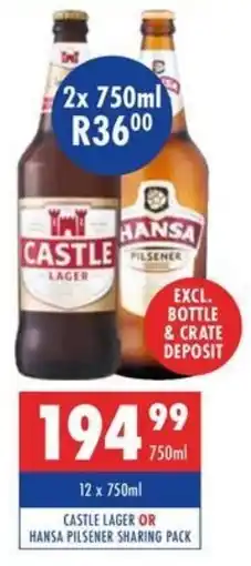 Ultra Liquors Castle lager or hansa pilsener sharing pack offer