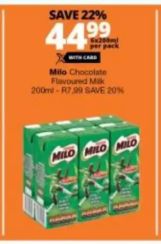 Checkers Milo Chocolate Flavoured Milk 6 x 200ml per pack offer