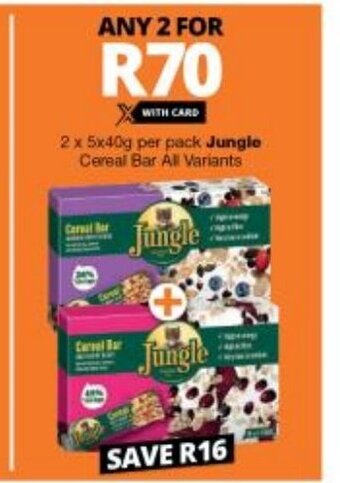 Checkers Jungle Cereal Bar All Variants 2 x 5x40g per pack offer