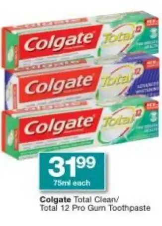 Checkers Colgate Total Clean / Total 12 Gum Toothpaste 75ml each offer