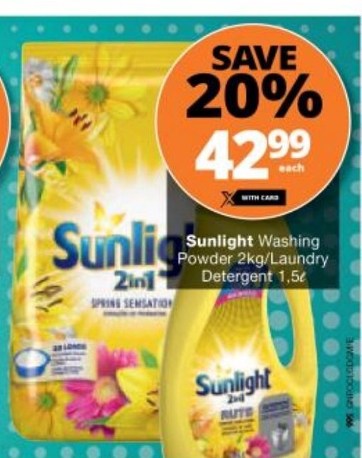 Sunlight Washing Powder 2kg / Laundry Detergent 1.5L offer at Checkers