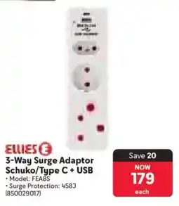 Makro Ellies 3-Way Surge Adaptor Schuko/ Type C + USB offer