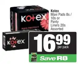 Spar Kotex Maxi Pads 8s / 10s or Panty Liners 20s Assorted offer