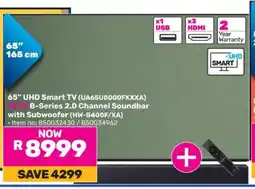 Game 65” UHD Smart TV (UA65U8000FKXXA) PLUS B-Series 2.0 Channel Soundbar with Subwoofer (HW-B400F/XA) offer