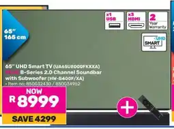 Game 65” UHD Smart TV (UA65U8000FKXXA) PLUS B-Series 2.0 Channel Soundbar with Subwoofer (HW-B400F/XA) offer