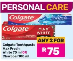 Game Colgate Toothpaste Max Fresh, White 75 ml OR Charcoal 100 ml offer