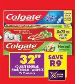 Shoprite COLGATE REGULAR 150ml/HERBAL TWINPACK offer