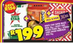 Shoprite White Star Super Maize Meal 5kg + Sasko Cake Wheat Flour 5kg + Spekko Long Grain Parboiled Rice 5kg offer
