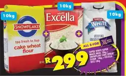 Shoprite SUPER WHITE SUPER MAIZE MEAL 10kg + SNOWFLAKE CAKE WHEAT FLOUR 10kg + EXCELLA RICE 10kg offer