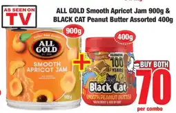 Boxer ALL GOLD Smooth Apricot Jam 900g & BLACK CAT Peanut Butter Assorted 400g offer