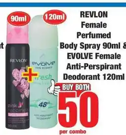 Boxer REVLON Female Perfumed Body Spray 90ml & EVOLVE Female Anti-Perspirant Deodorant 120ml offer