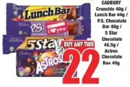 Boxer CADBURY Crunchie/ Lunch Bar/ P.S. Chocolate Bar/ 5 Star Chocolate/ Astros Chocolate Box offer