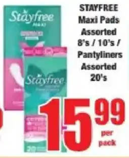 Boxer STAYFREE Maxi Pads Assorted/ Pantyliners Assorted offer