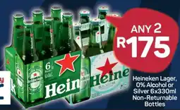 Pick n Pay Heineken Lager, 0% Alcohol or Silver 6x330ml Non-Returnable Bottles offer