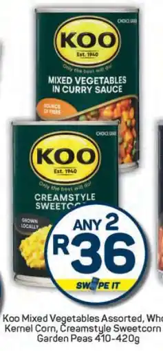 Pick n Pay Koo Mixed Vegetables Assorted, Whole Kernel Corn, Creamstyle Sweetcorn, Garden Peas 410-420g offer