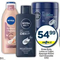 Pick n Pay Nivea Body Lotion or Cream Assorted 400ml Each (Excludes Q10) offer