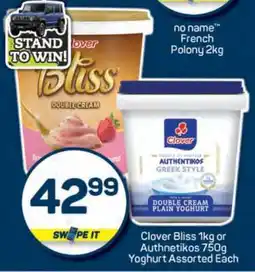 Pick n Pay Clover Bliss 1kg or Authentikos 750g Yoghurt Assorted Each offer