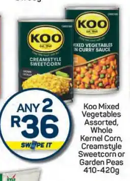 Pick n Pay Koo Mixed Vegetables Assorted, Whole Kernel Corn, Creamstyle Sweetcorn or Garden Peas offer