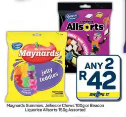 Pick n Pay Hypermarket Maynards Gummies, Jellies or Chews 100g or Beacon Liquorice Allsorts 150g Assorted offer