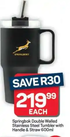 Pick n Pay Hypermarket Springbok Double Walled Stainless Steel Tumbler with Handle & Straw 600ml offer
