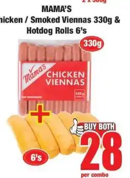 Boxer MAMA'S Chicken / Smoked Viennas 330g & Hotdog Rolls 6's offer