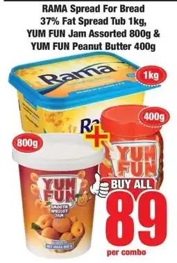 Boxer RAMA Spread For Bread 37% Fat Spread Tub 1kg, YUM FUN Jam Assorted 800g & YUM FUN Peanut Butter 400g offer
