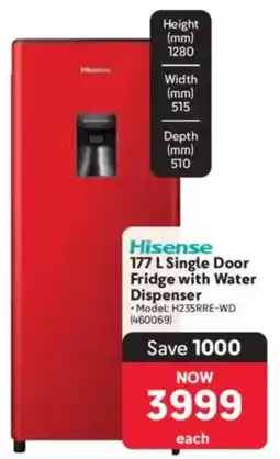 Makro Hisense Single Door Fridge with Water Dispenser offer
